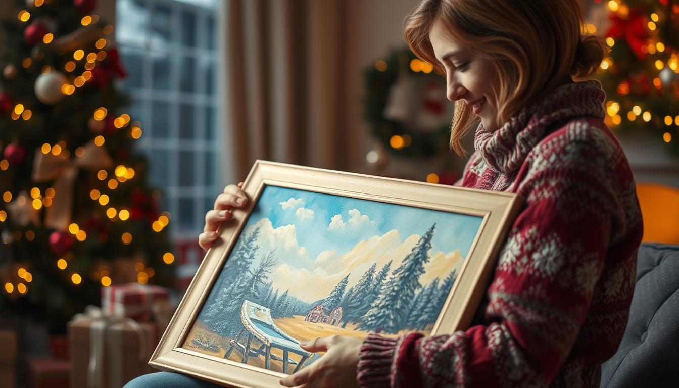 A beautifully wrapped painting being given as a Christmas gift with holiday decorations in the background