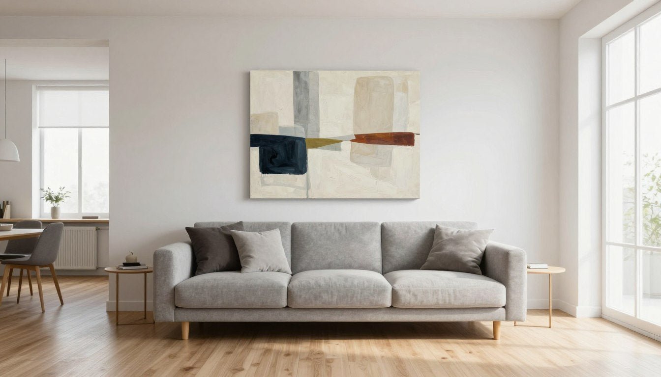 Modern apartment living room with statement wall art above sofa