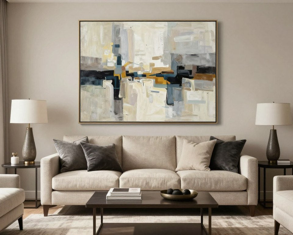 living room canvas wall art in a modern neutral room