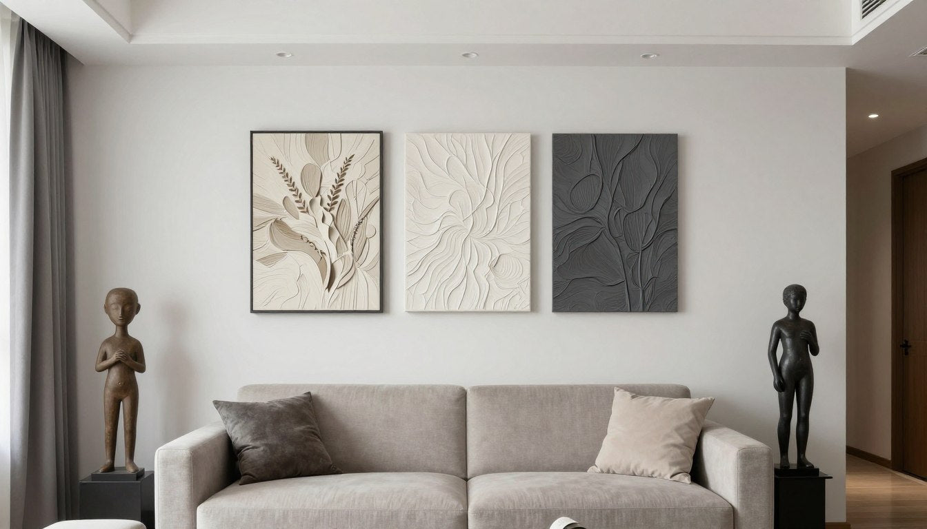 3D wall art and sculptures displayed in a modern small apartment living room