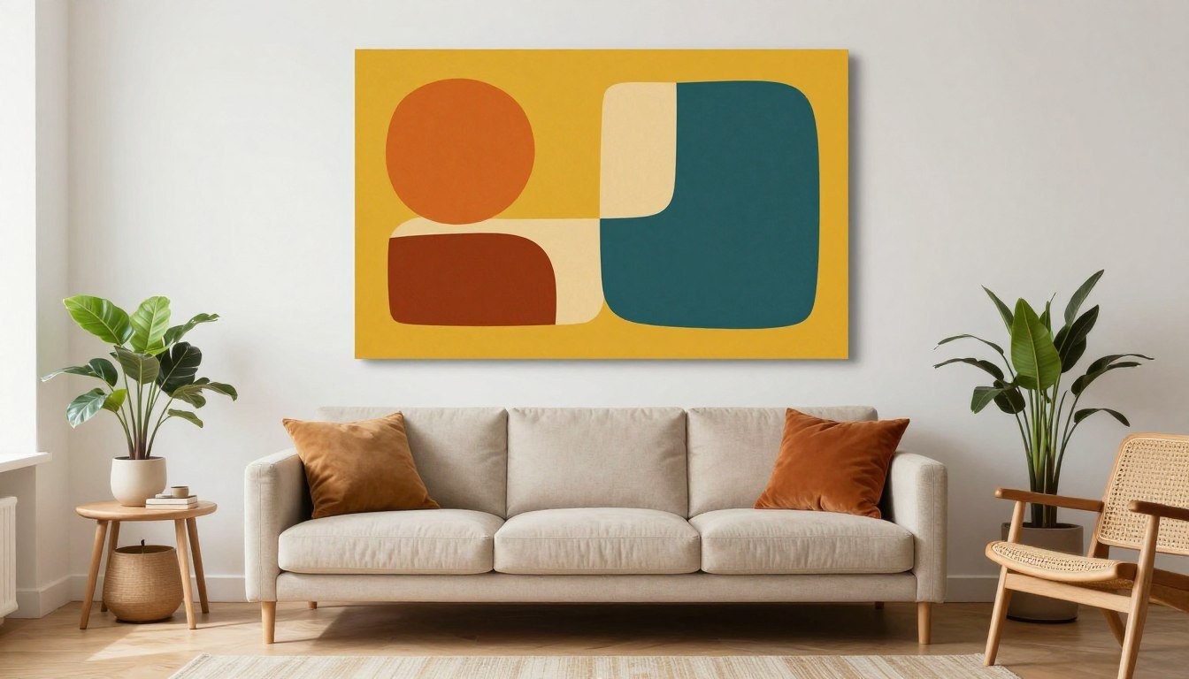 Modern living room with 70s-inspired geometric wall art above a mid-century sofa