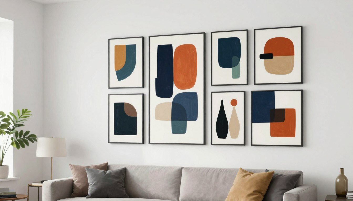 Framed abstract canvas prints displayed in modern living room