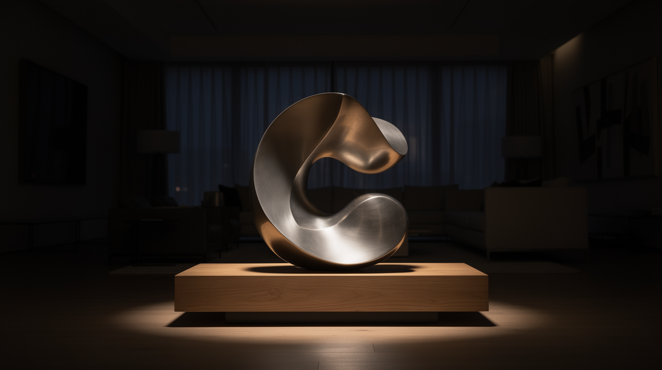 Sculpture home decor – abstract stainless steel floor sculpture in a modern living room by Rossetti Art