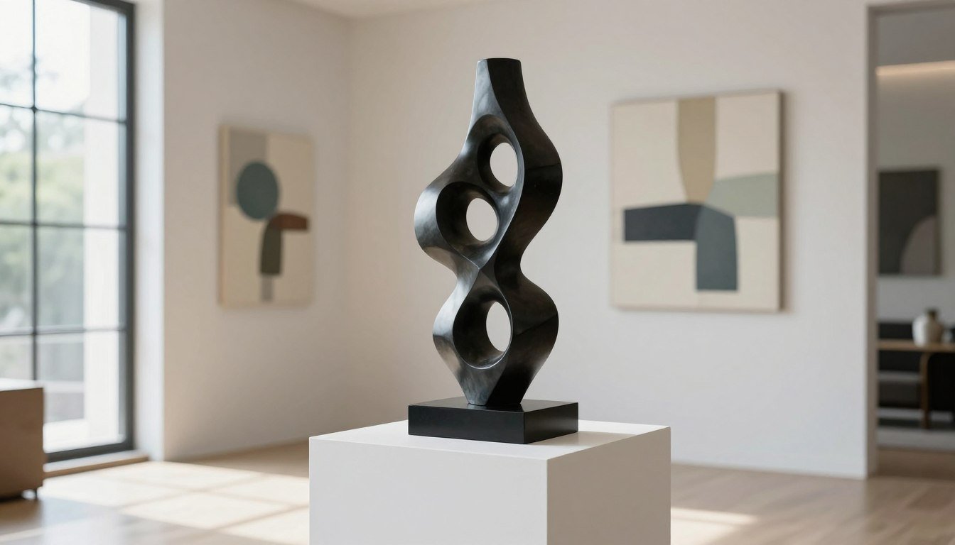 elegant modern sculpture displayed in a well-lit contemporary living room with art collection