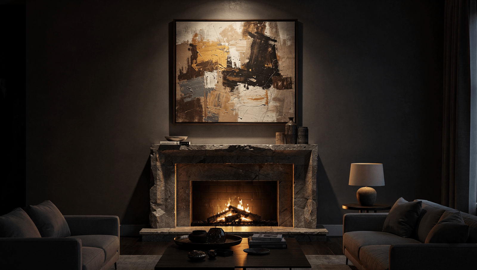 Above Fireplace Decor – large canvas in hardwood floater frame above stone mantel by Rossetti Art