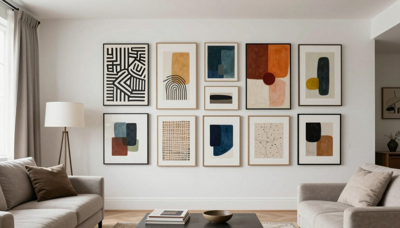 Various abstract art samples displayed in a modern living room setting