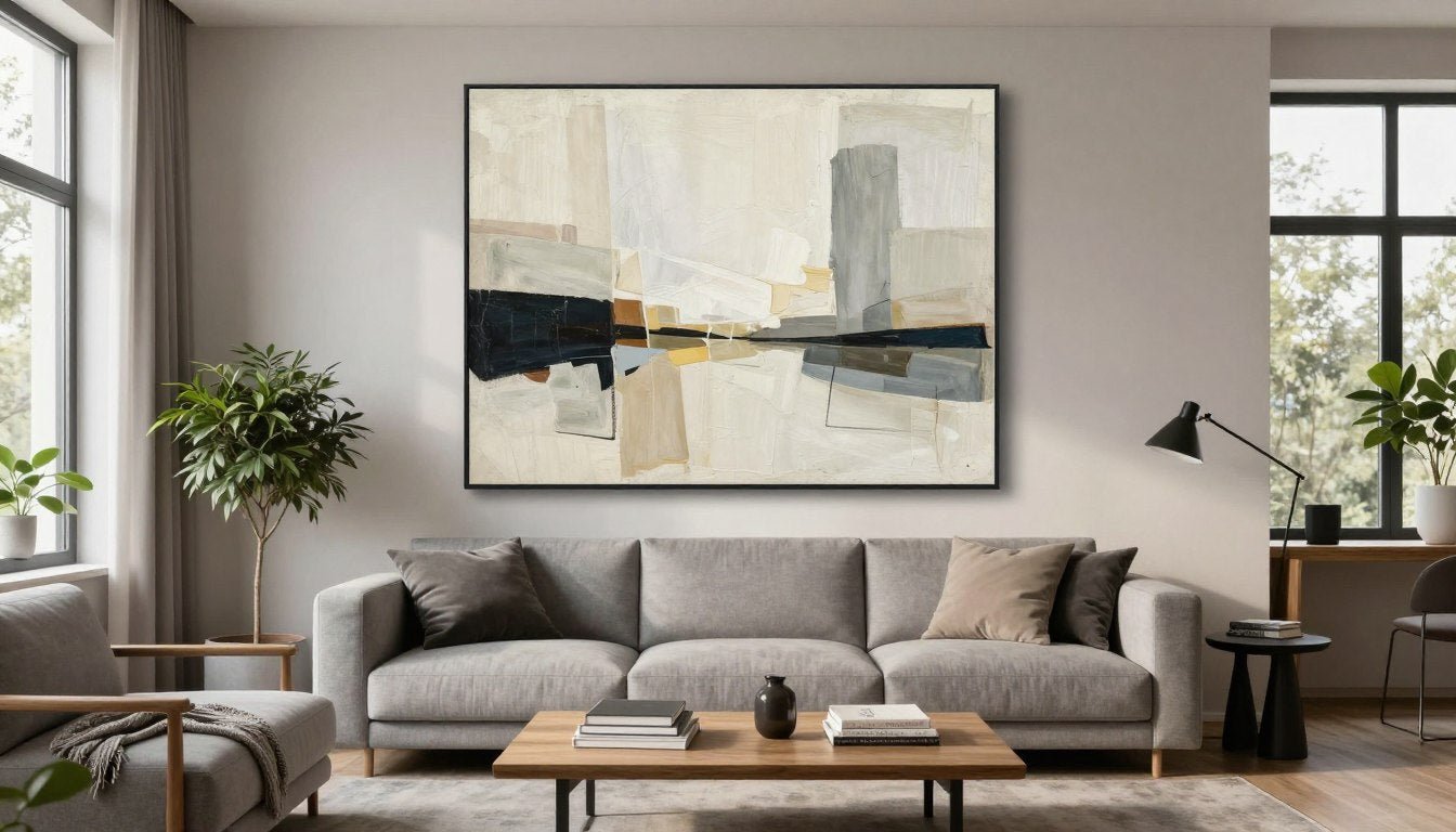 modern living room with abstract canvas wall art above sofa