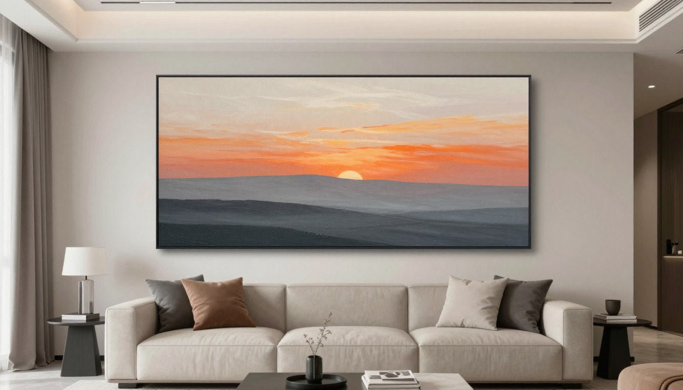 Abstract landscape wall art with cool grey horizon and warm orange sunset tones in modern living room