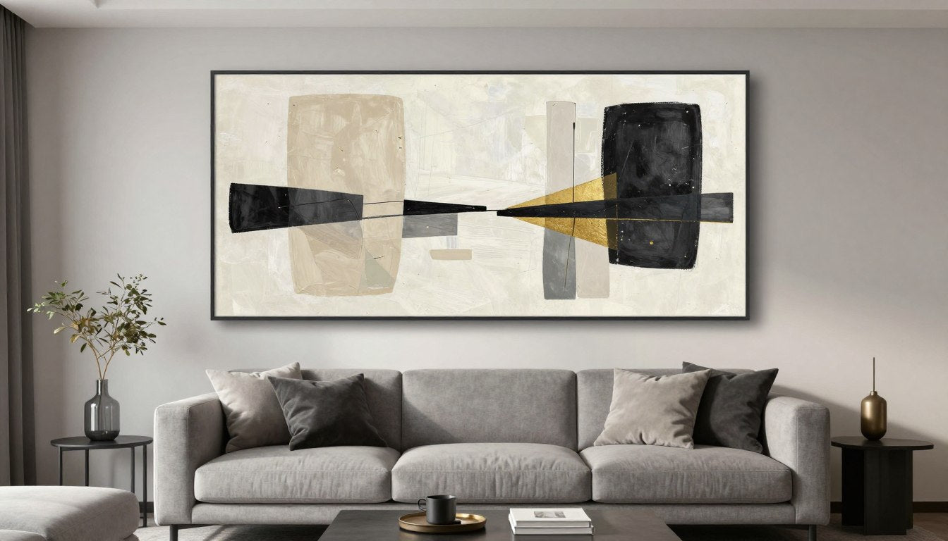 Modern living room with large abstract wall art above sofa featuring geometric shapes in neutral tones