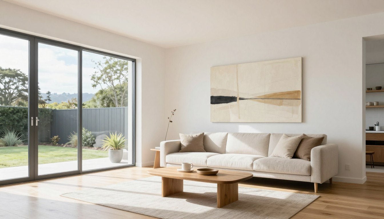 Modern living room featuring abstract wall art in neutral tones with natural light