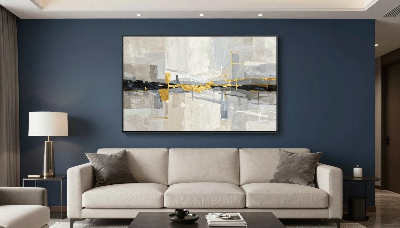 Living room with dark accent wall featuring large abstract canvas art