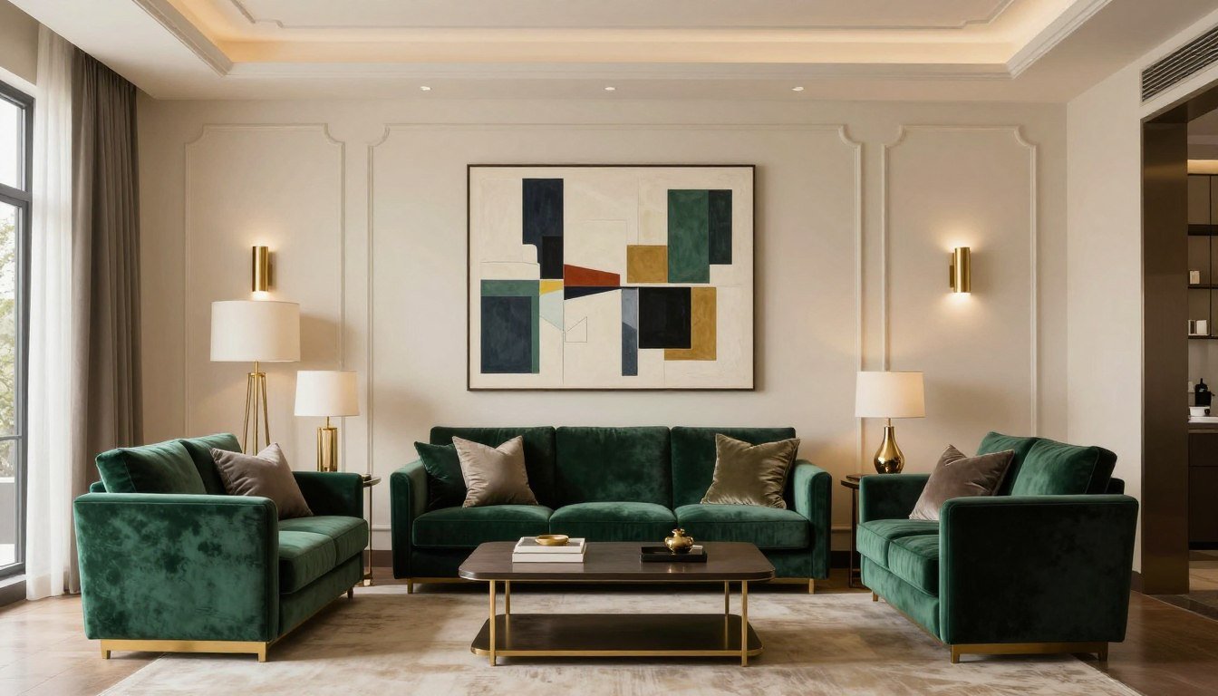 art deco home with geometric wall art and brass accents