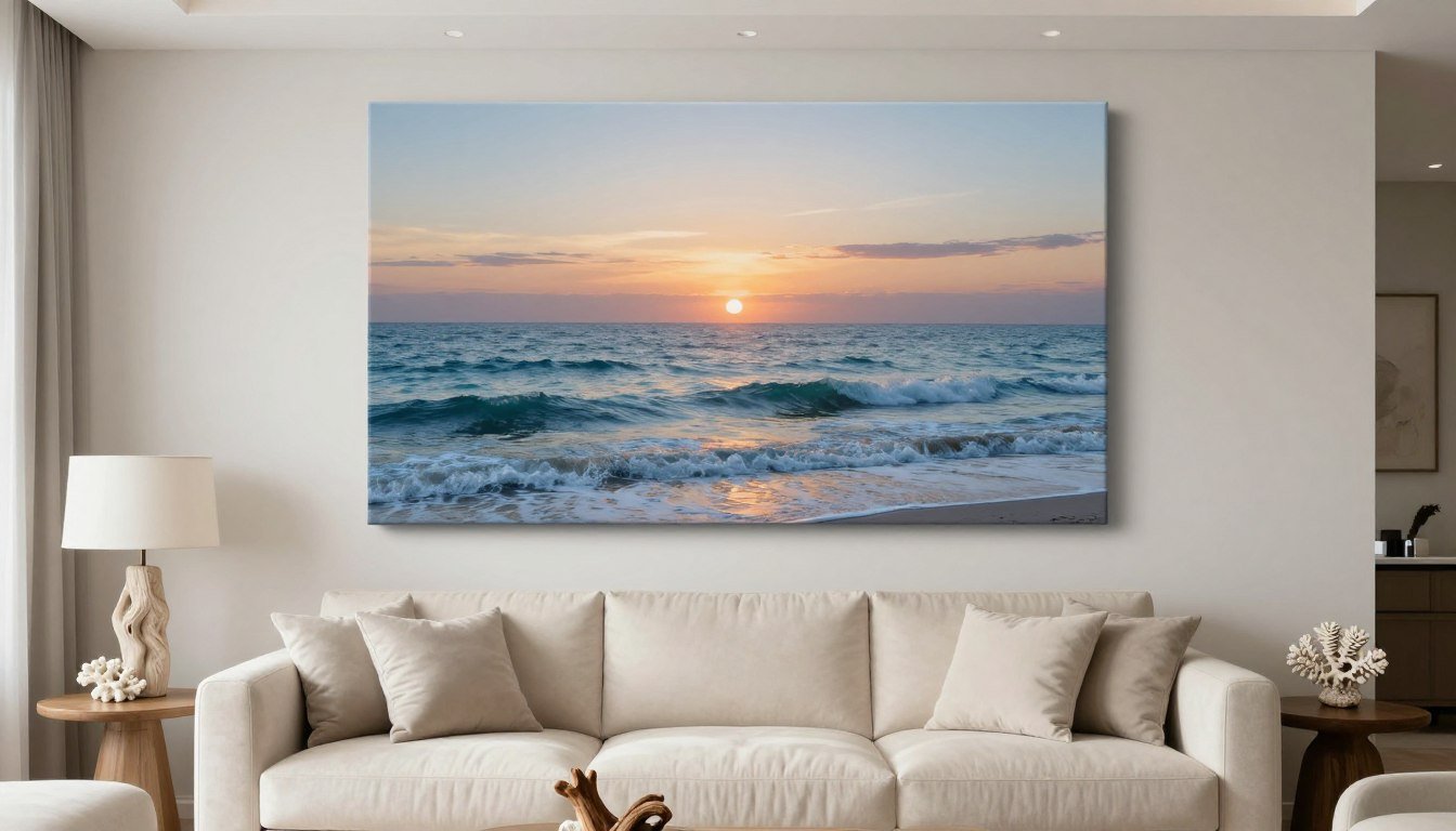 beach wall art canvas print showing serene ocean waves at sunset in modern living room