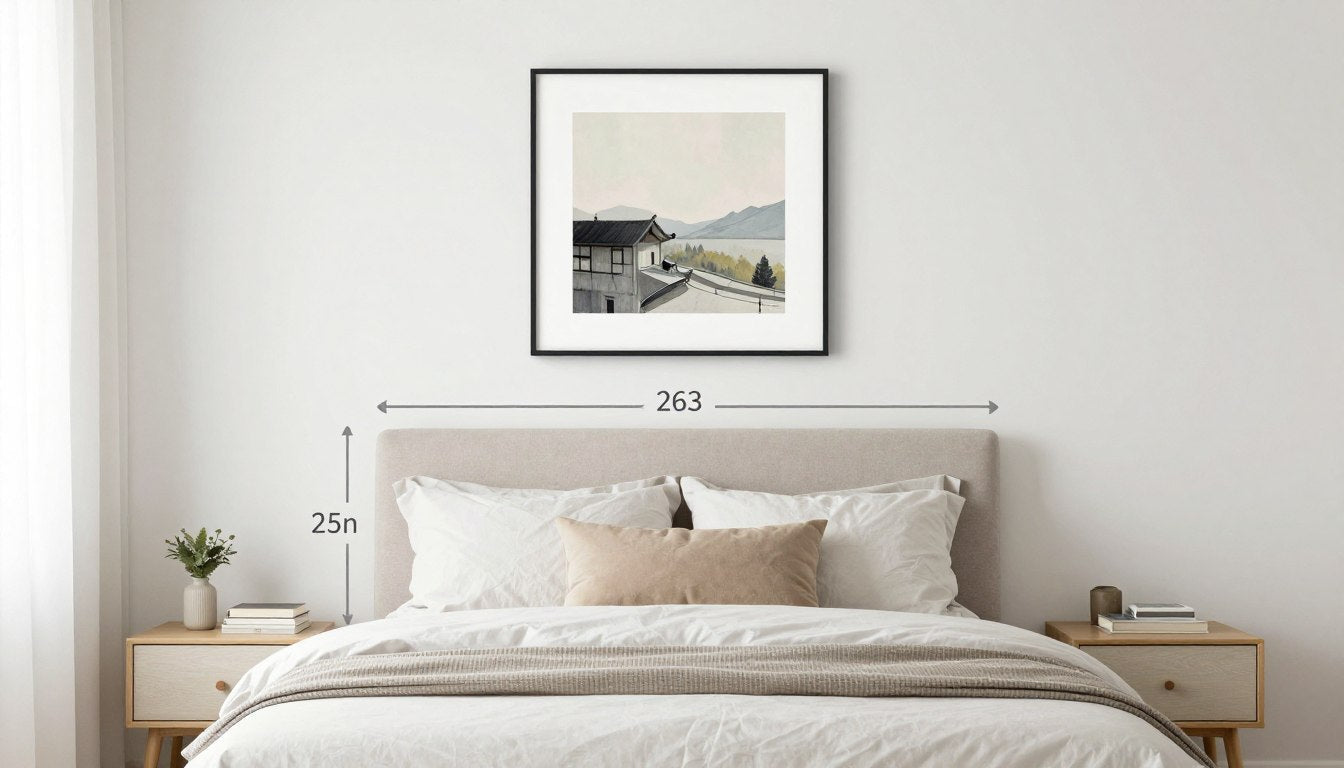 Bedroom with perfectly placed wall art above bed showing key measurement guidelines