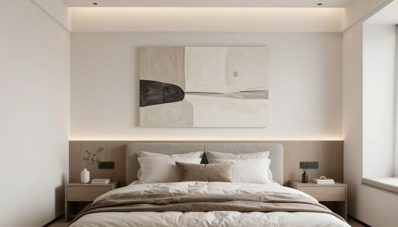 Best Canvas Prints for Bedroom Wall Décor showcasing modern bedroom with large abstract canvas art above bed