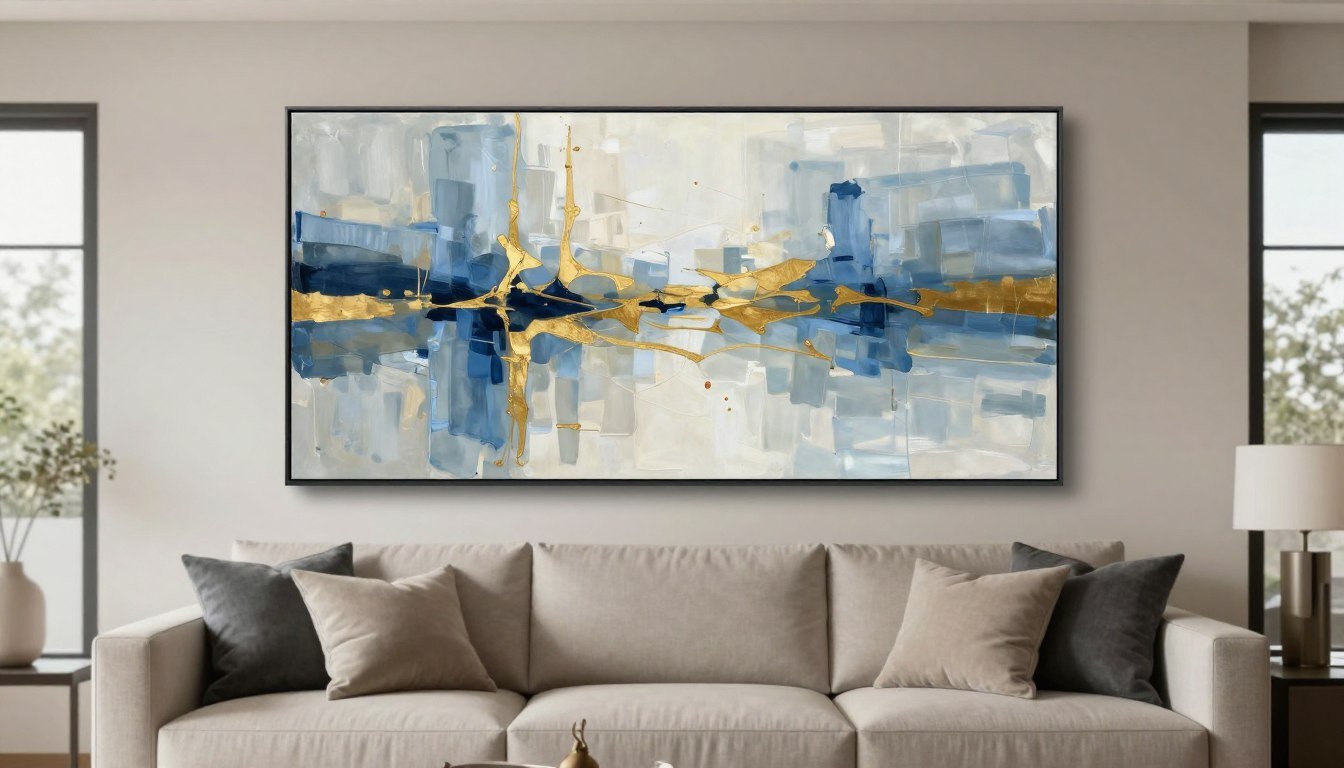 Living room with large abstract canvas art above sofa demonstrating proper scale and placement