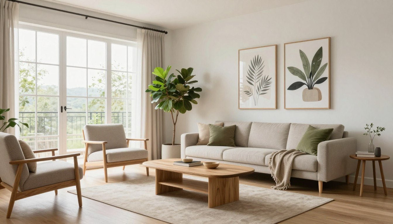 Modern living room with biophilic design elements including wood furniture, statement plant, and botanical wall art