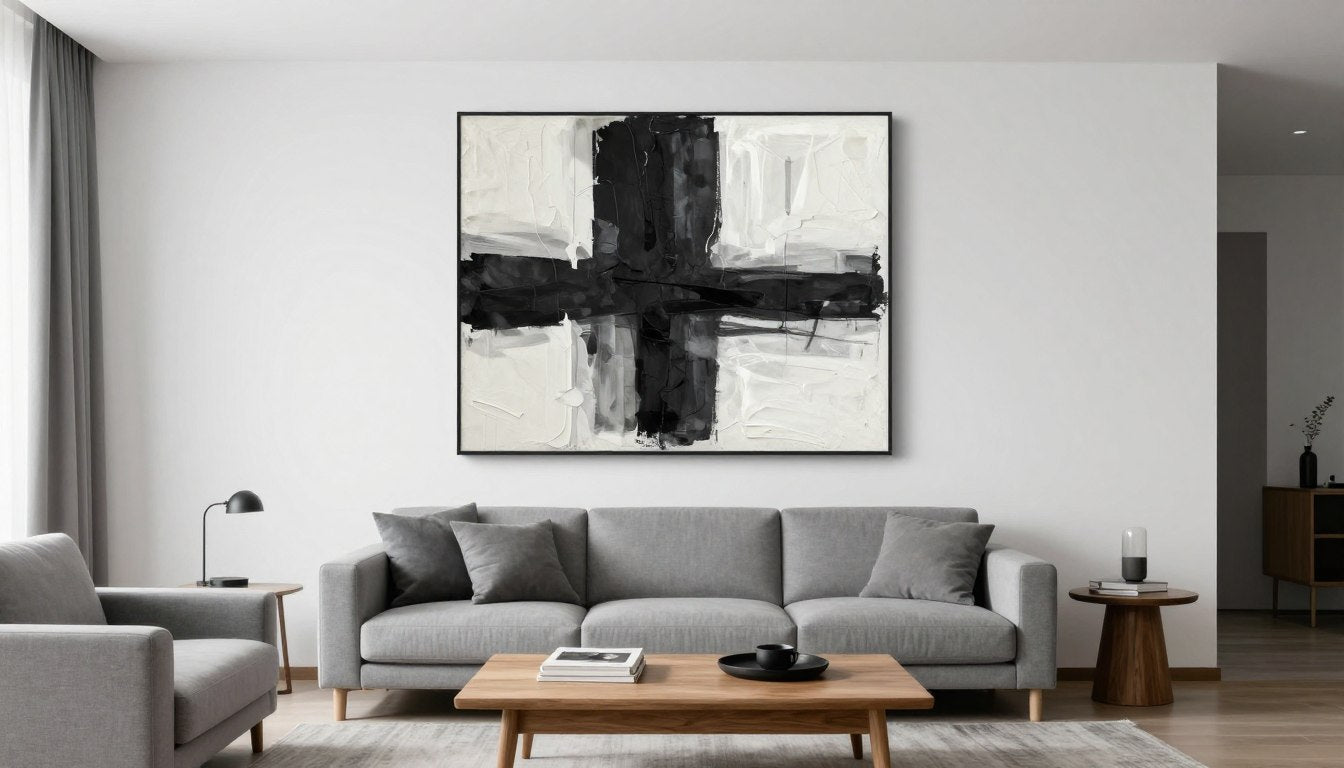 Modern minimalist living room featuring large black and white abstract wall art above a grey sofa
