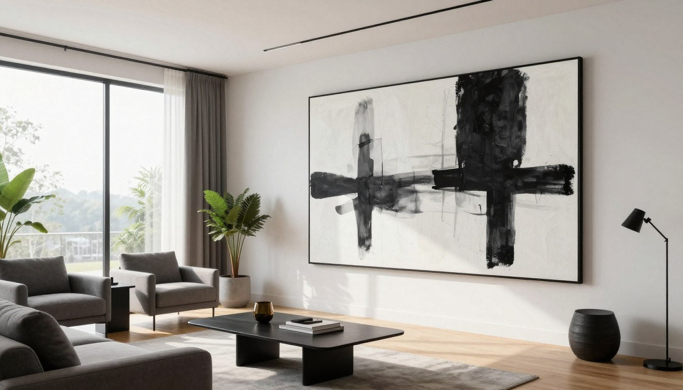 Modern living room featuring bold black art canvas prints on white walls