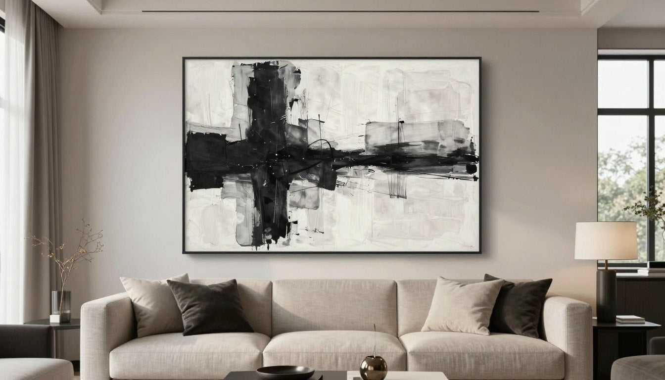 Elegant living room with black and white abstract art above modern sofa
