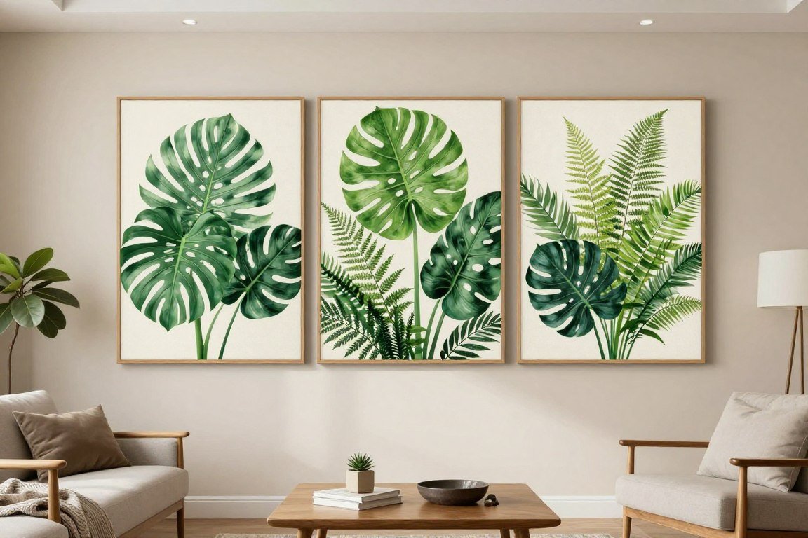 Botanical wall art decor arrangement in modern living room with green plant leaves canvas prints