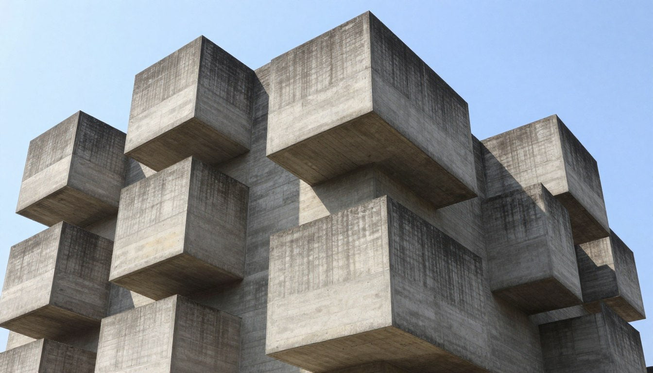 Brutalist architecture concrete building exterior with geometric forms