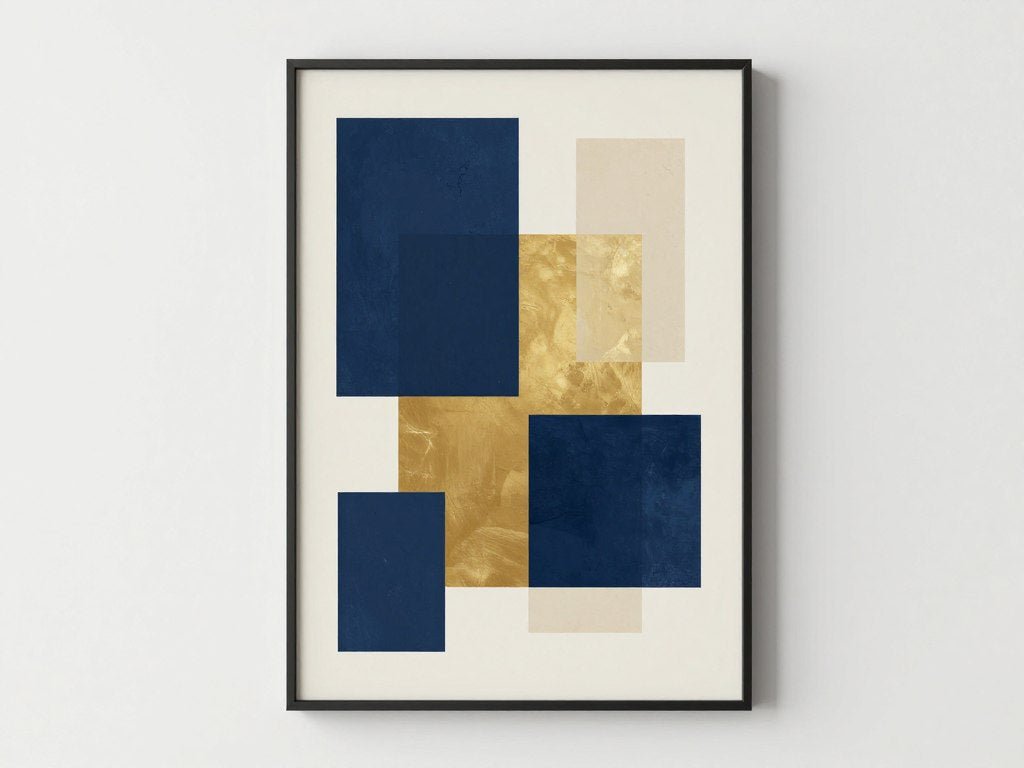 Abstract geometric canvas print in navy and gold tones above modern credenza
