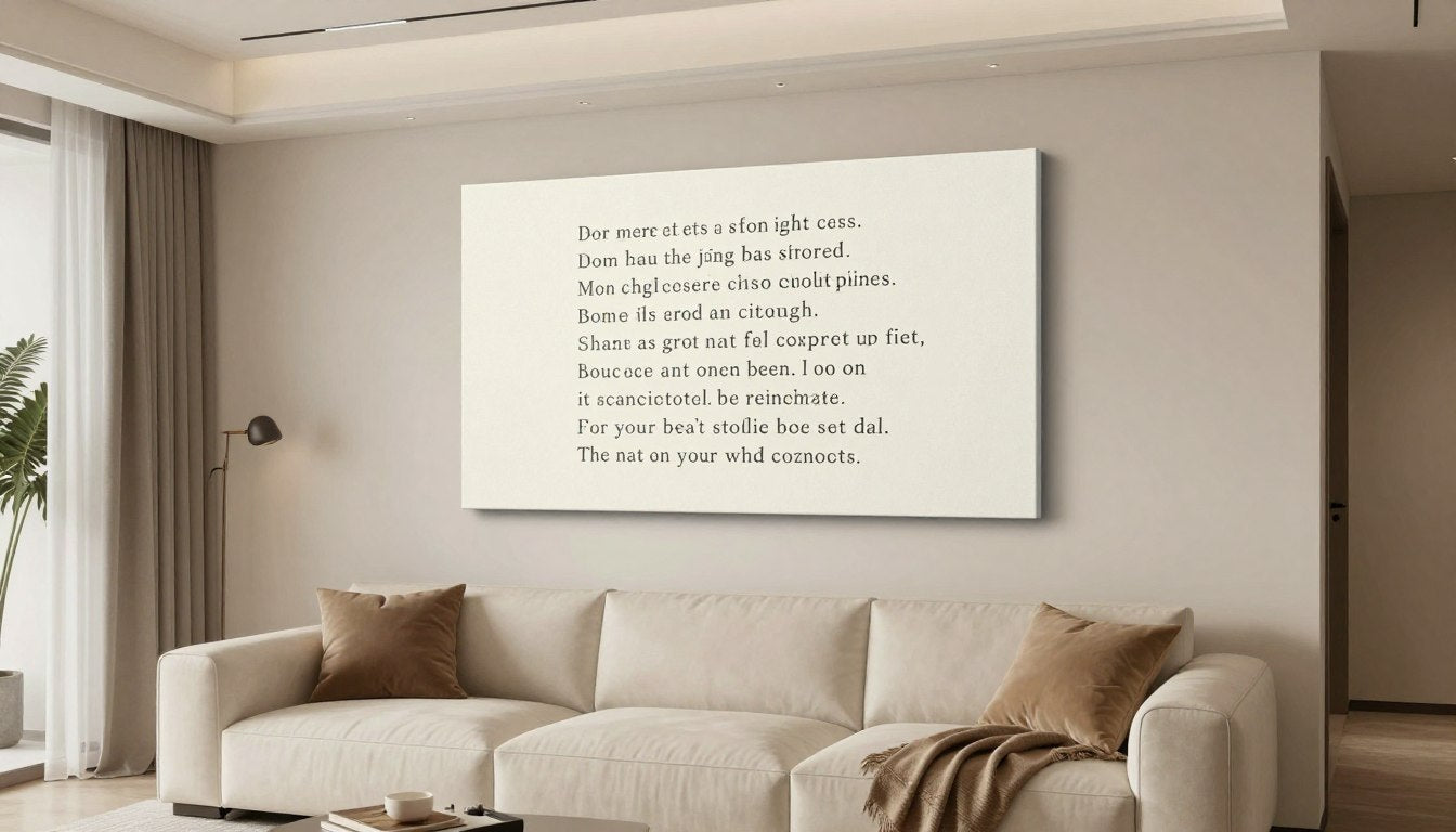 canvas prints with lyrics displayed above modern sofa in contemporary living room