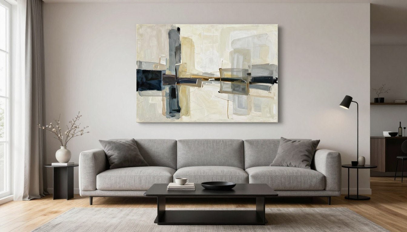 luxe woonkamer met groot canvas schilderij boven een moderne bank