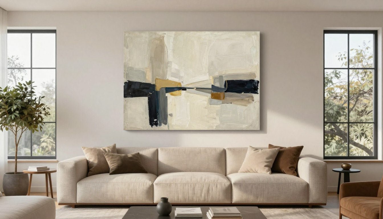 groot canvas schilderij boven moderne bank in lichte woonkamer