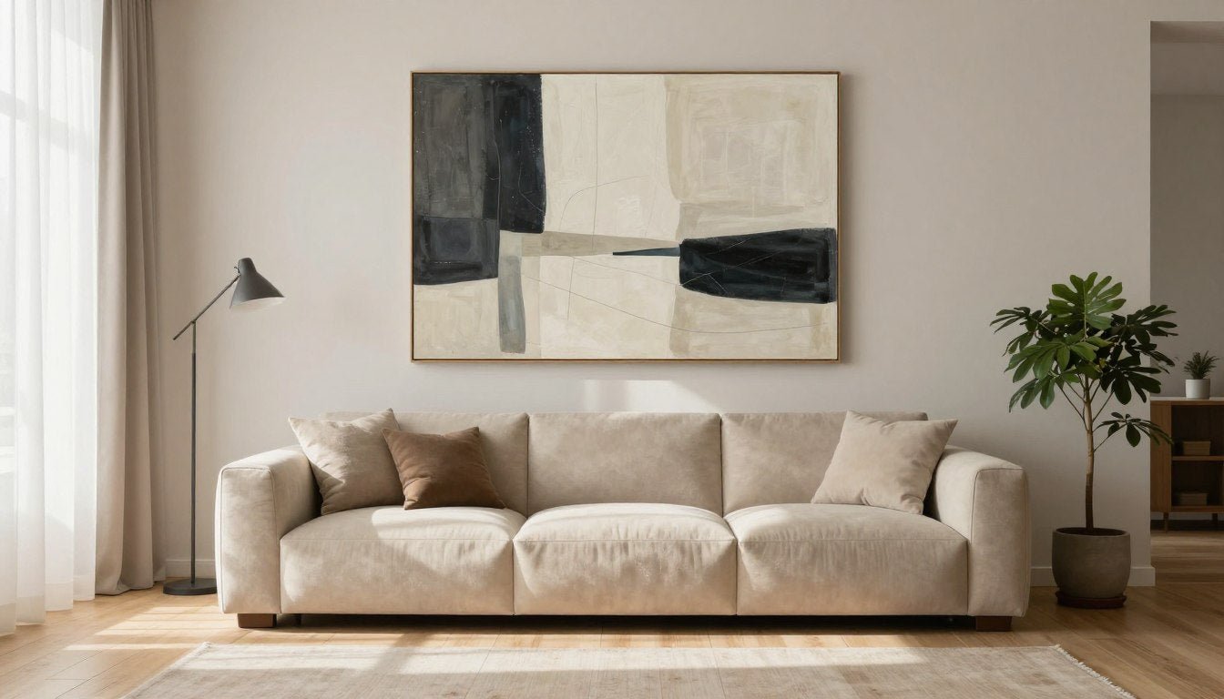 modern canvas schilderij woonkamer boven beige bank met natuurlijk licht