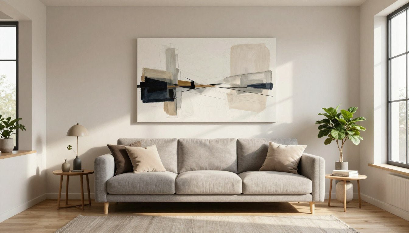 moderne woonkamer met groot canvas schilderij boven bank