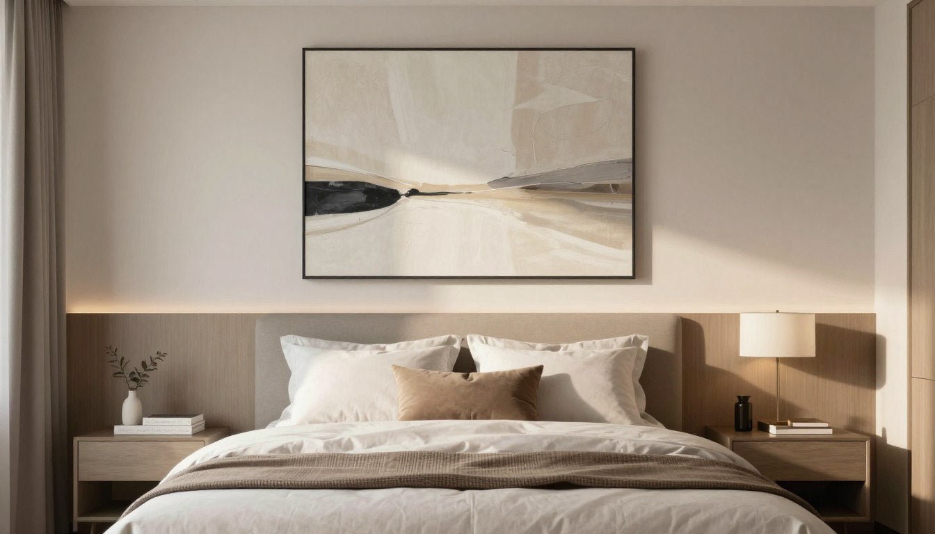 serene bedroom with large abstract canvas art above bed
