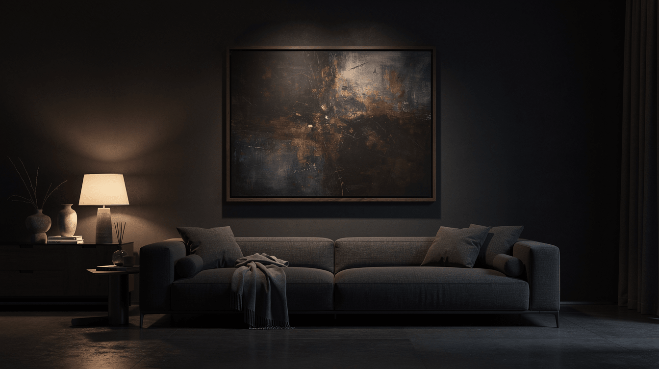 Large abstract canvas print in dark hardwood floater frame above a sofa in a styled living room — Rossetti Art
