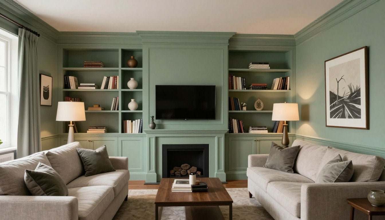 A color-drenched living room in muted sage green with tone-on-tone artwork and warm lighting