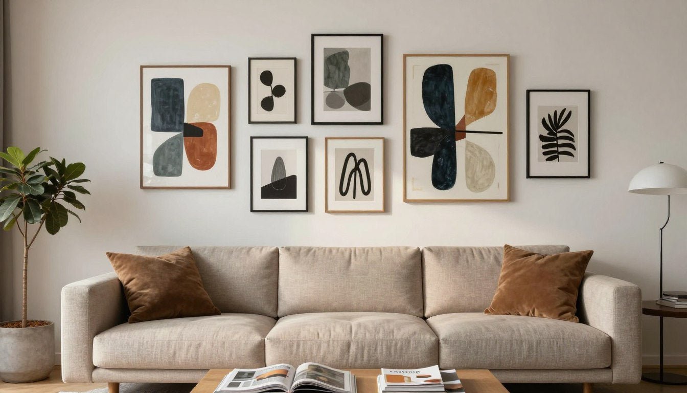 soggiorno moderno con arte da parete che mostra come scegliere l'arte da parete adatta al tuo stile d'interni