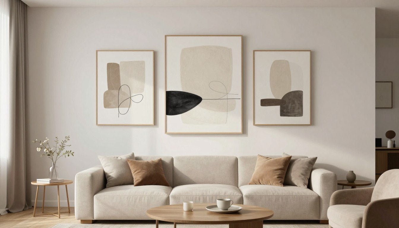 Salon moderne avec décoration murale minimaliste comprenant œuvres abstraites et ligne épurée