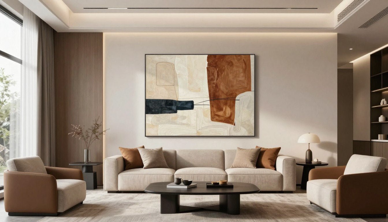 Elegante sala de estar moderna con arte de pared abstracto que complementa el diseño interior