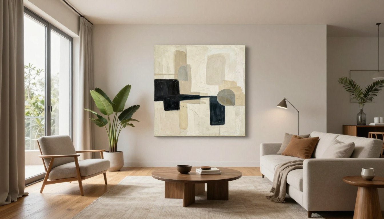 Como escolher arte de parede que combine com o seu estilo pessoal de interiores - sala moderna com quadros abstratos