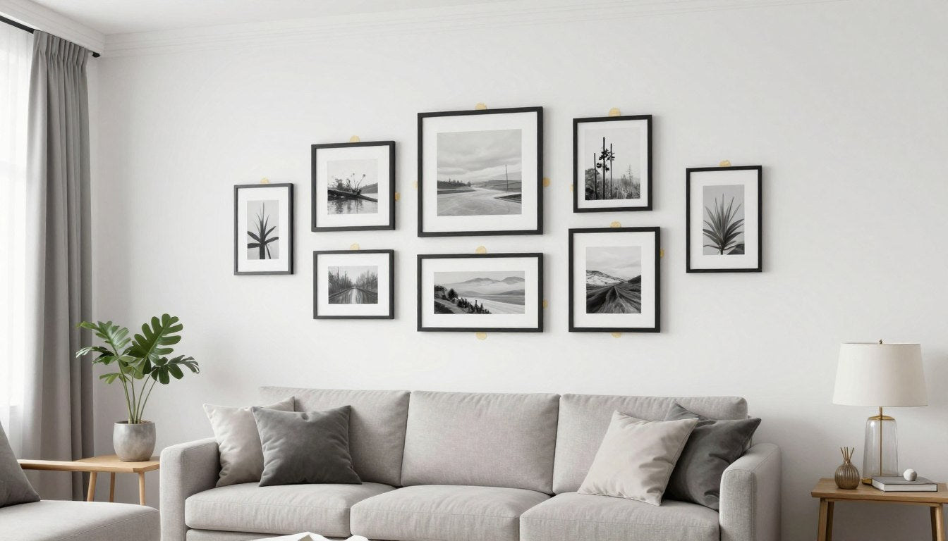 creative ways of hanging picture frames without ruining walls using adhesive strips in modern living room