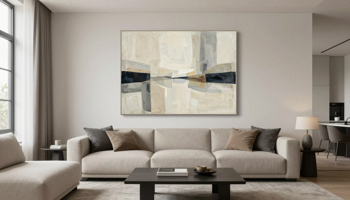 cuadro abstracto grande en salón moderno con tonos neutros