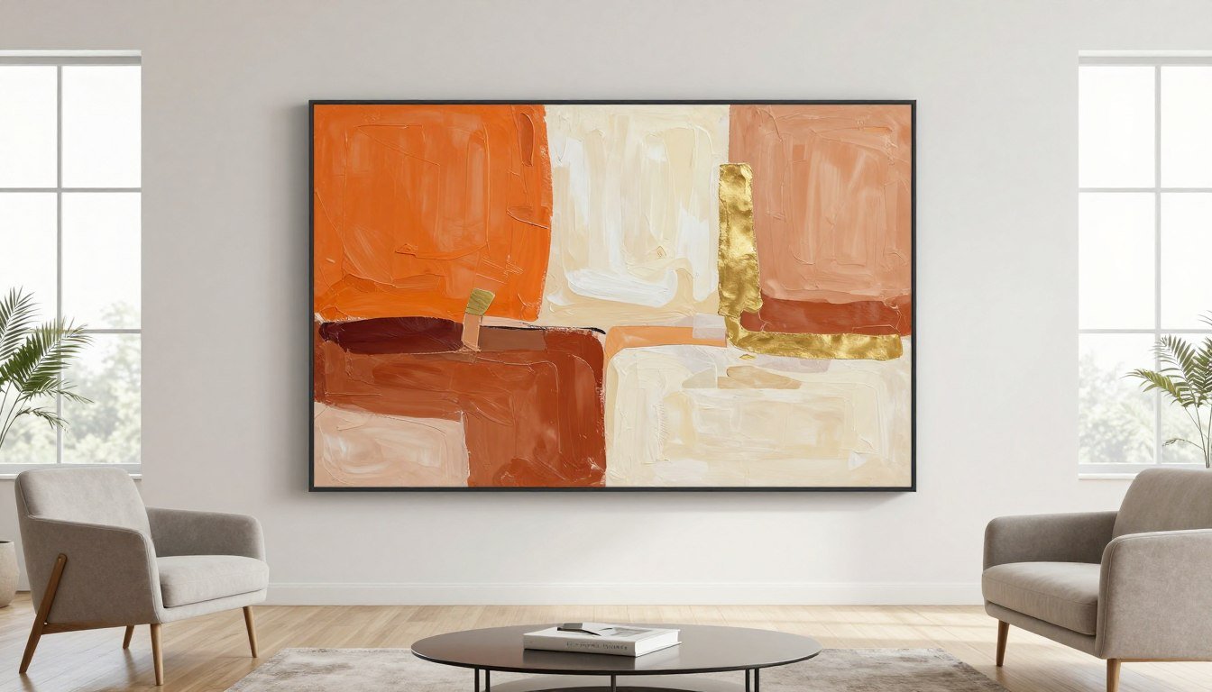 cuadros abstractos para salón moderno con tonos cálidos en pared blanca
