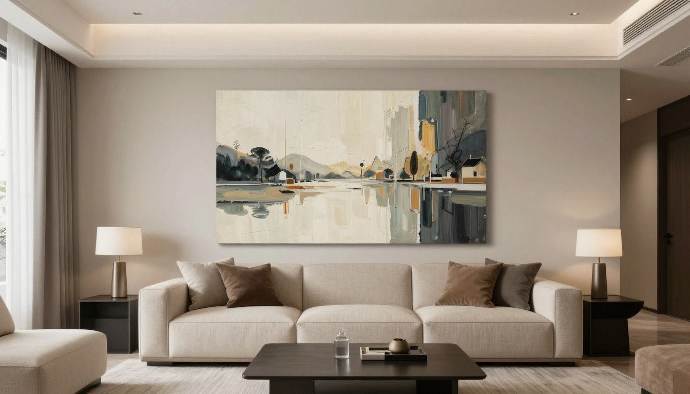Salón moderno con cuadros espectaculares colgados sobre sofá beige