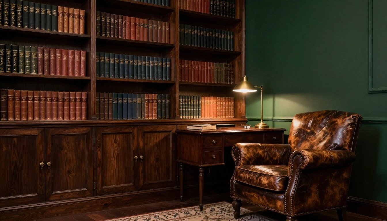 A moody dark academia living room with vintage books, leather furniture, and warm ambient lighting