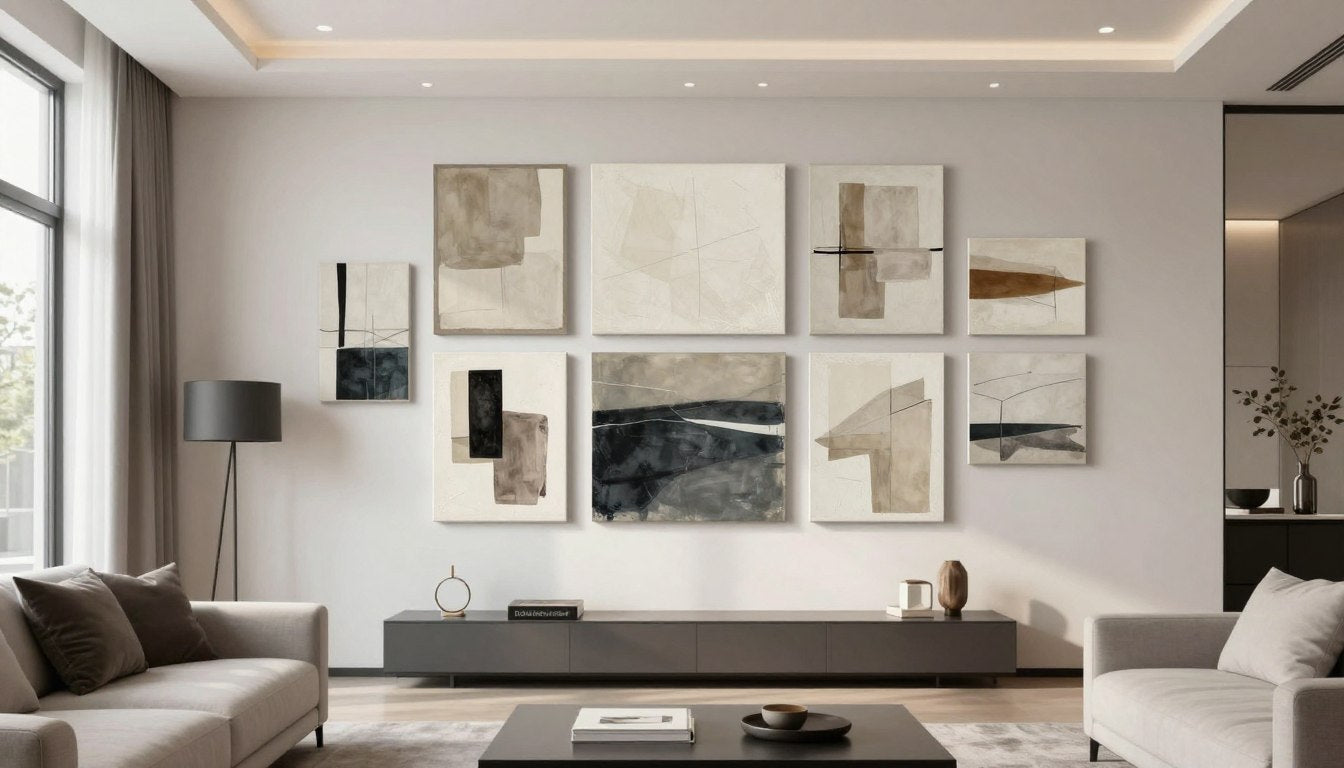 Decoración paredes salón moderno con composición de cuadros abstractos
