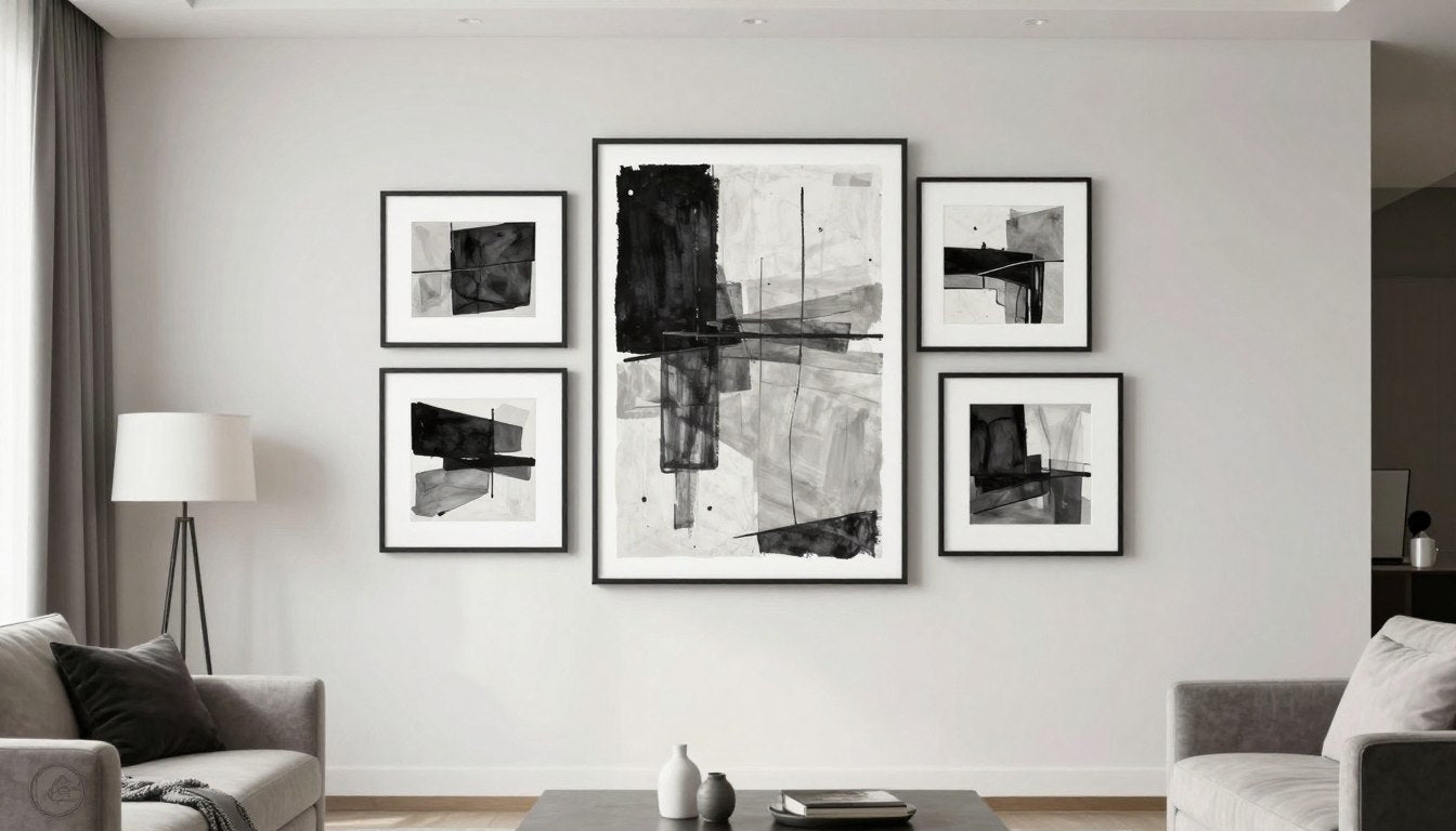 Salon moderne avec décoration murale élégante comprenant des tableaux abstraits et des cadres