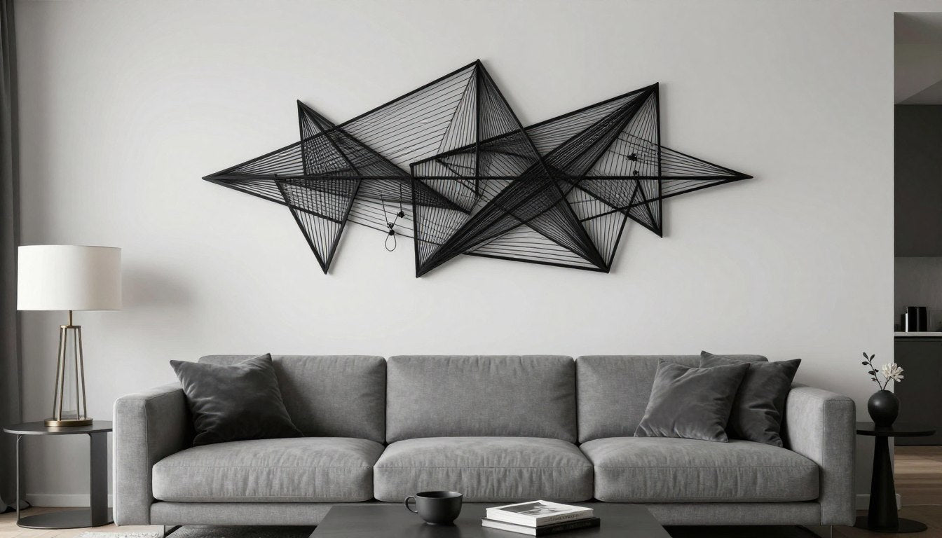 Salon moderne avec décoration murale métal noir géométrique au-dessus d'un canapé gris
