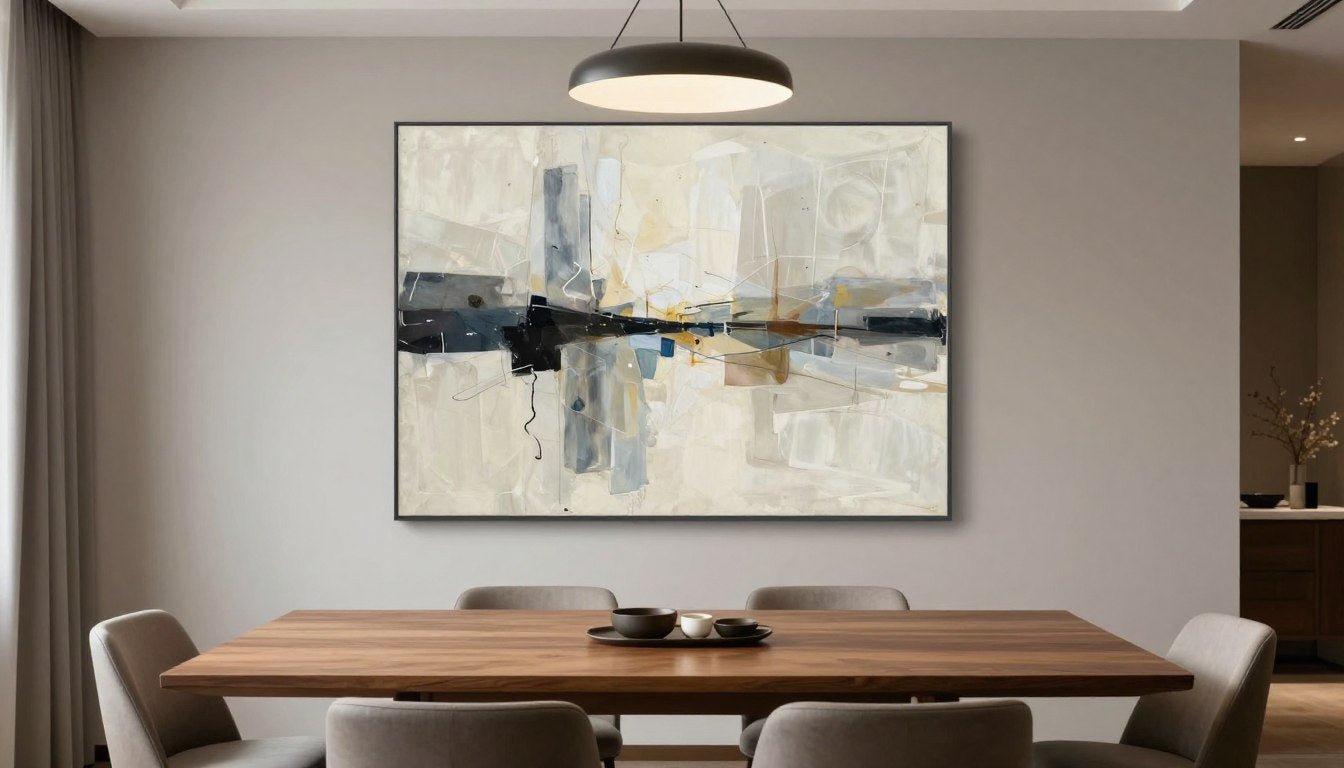 dining room with perfectly scaled artwork above a modern table