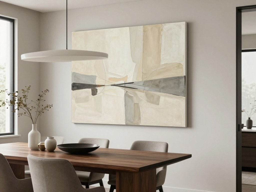 Modern abstract canvas print in neutral tones above dining table