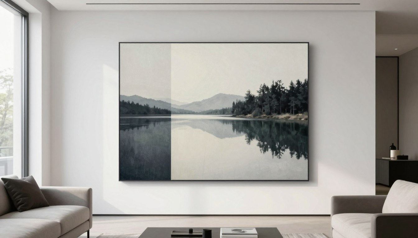 elegant living room featuring gallery-grade canvas prints on wall with proper lighting